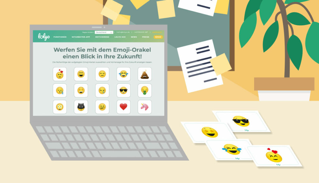 LOLYO Mitarbeiter-App - Emoji Orakel - Vorhersage 2022 - Karten - Ziele setzen - Website - Büro - Bild