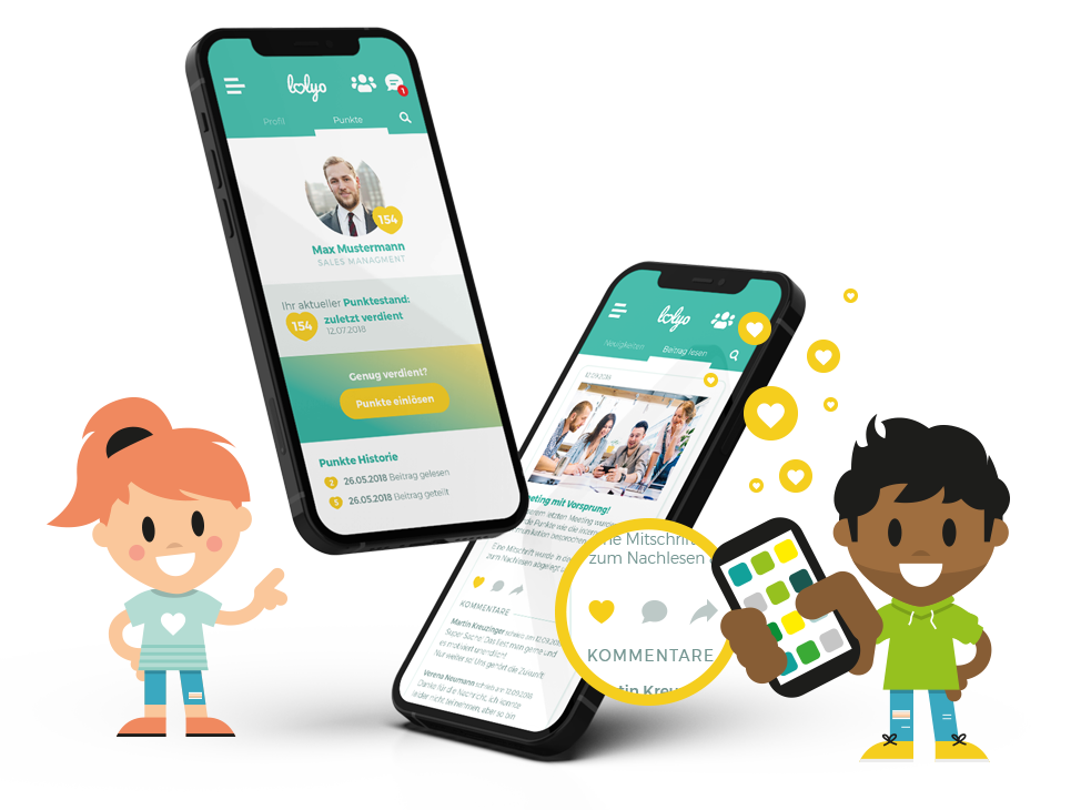 Der einzigartige MITMACH-Booster, der LOLYO Mitarbeiter-App, der zur aktiven Beteiligung am internen Austausch motiviert