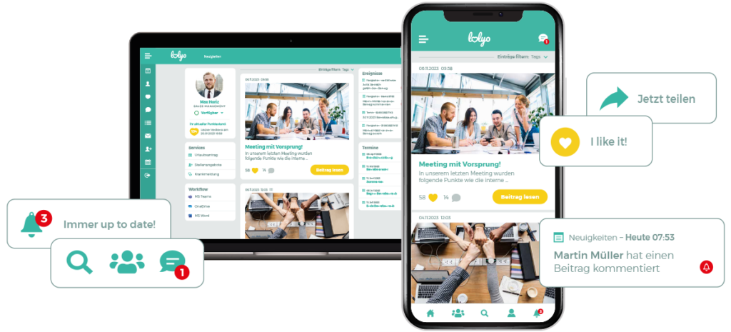 Mitarbeiter-App für interne Kommunikation - PC und Smartphone  - über 30 inkludierte Funktionen