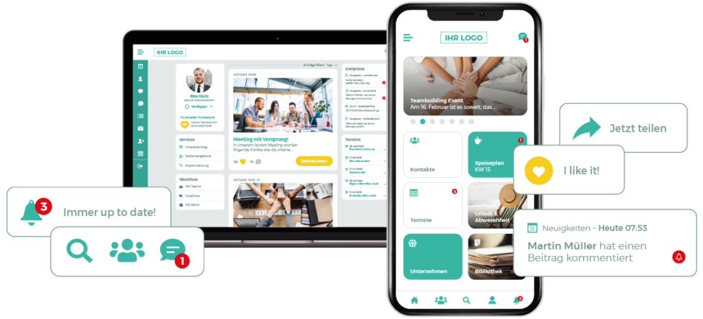LOLYO Mitarbeiter-App - interne Kommunikation auf allen Devices - Smartphone PC Screen