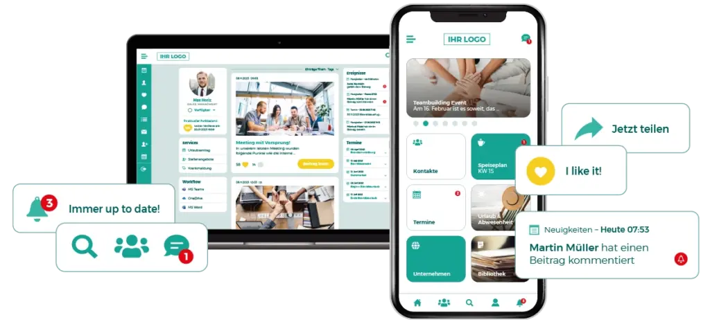 Mitarbeiter-App für interne Kommunikation - PC und Smartphone  - über 30 inkludierte Funktionen