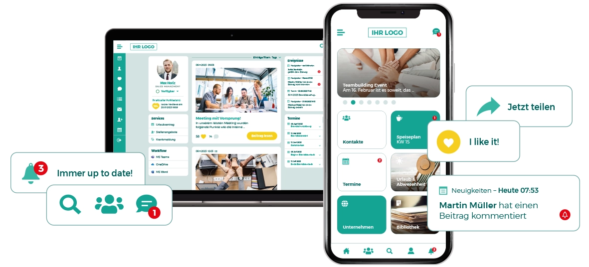 LOLYO Mitarbeiter-App - interne Kommunikation auf allen Devices - Smartphone PC Screen