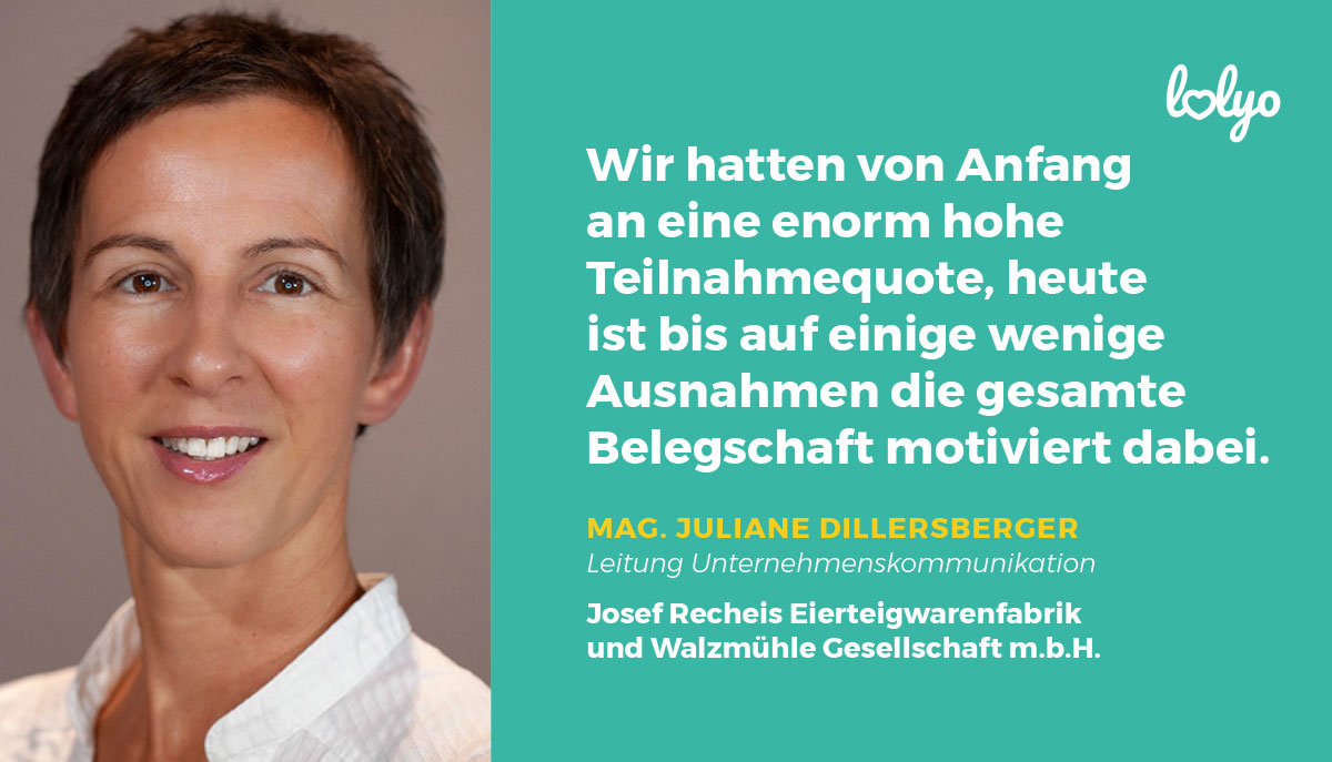 "Wir hatten von Anfang an eine enorme Teilnehmerquote, heute ist bis auf einige wenige Ausnahmen die gesamte Belegschaft motiviert dabei" - Zitat von Mag. Juliane Dillersberger, Leiterin der Unternehmenskommunikation bei Josef Recheis Eierteigwarenfabrik und Walzmühle Gesellschaft mbH