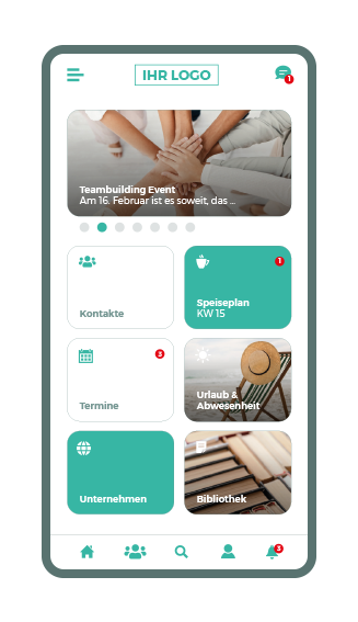 Smartphone Mitarbeiter-App-Screen - Grid Menue - News Slider