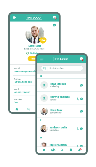 Smartphone Mitarbeiter-App-Screen - Kontaktverzeichnis und Profile