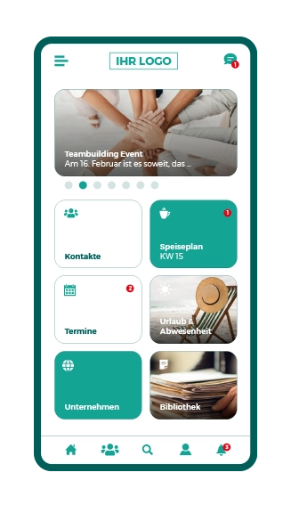Smartphone Mitarbeiter-App-Screen - Grid Menue - News Slider