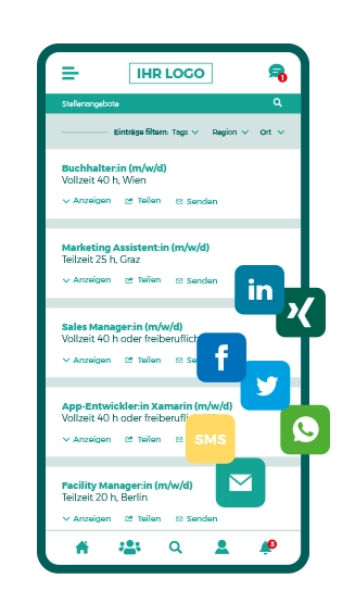 Smartphone Mitarbeiter-App-Screen - Stellenangebote - Mitarbeiterempfehlungen - Social Media Icons