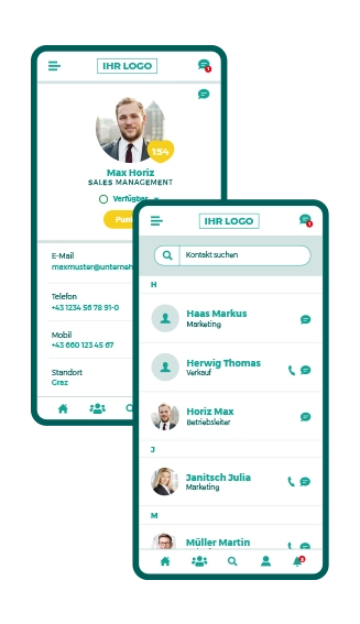 Smartphone Mitarbeiter-App-Screen - Kontaktverzeichnis und Profile