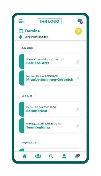 Smartphone Mitarbeiter-App-Screen - Termine und Events