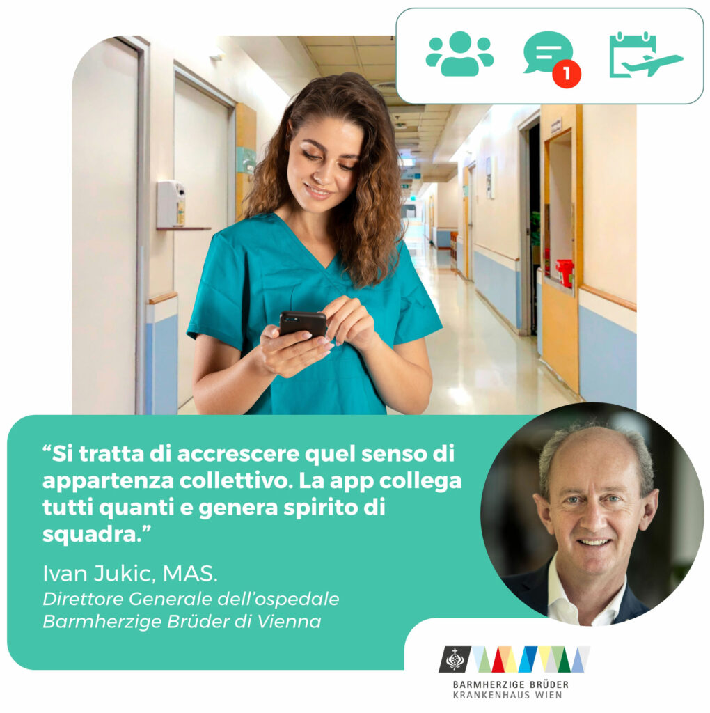 Un'infermiera in corridoio dell'ospedale utilizza l'intranet mobile app LOLYO per scambiarsi messaggi in chat