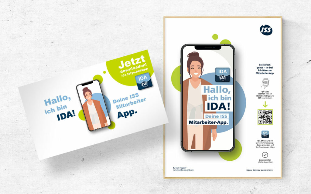 Rappresentazioni grafiche del lancio dell'app IDA per ISS Austria dove è possibile vedere l'interfaccia grafica dell'app e i volantini distribuiti in azienda per il lancio