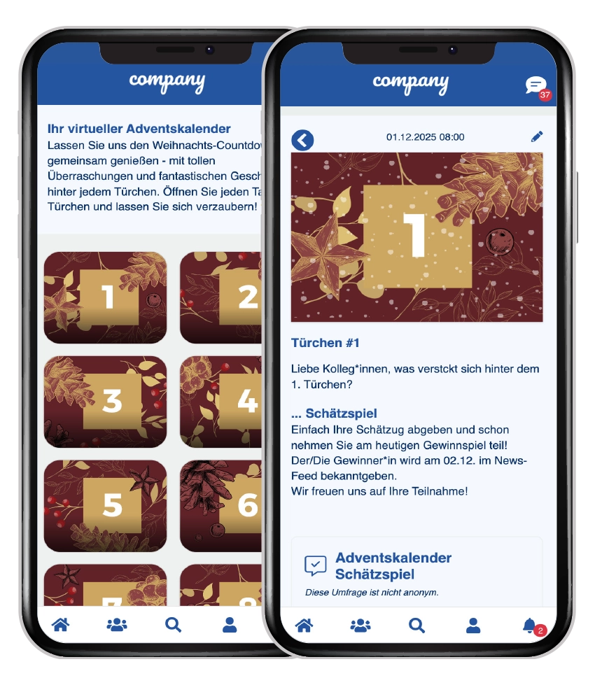 Digitaler Adventskalender in der Mitarbeiter-App - App-Screens Custom Page viruelle Kalender Tuerchen, News Feed Kalender Posting