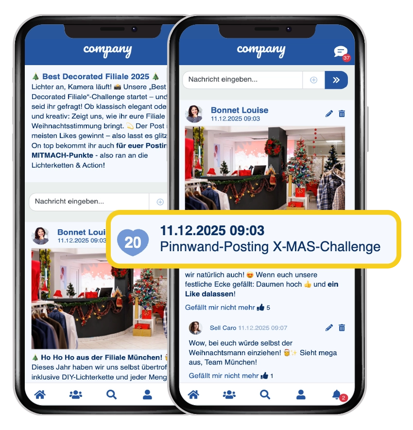 Digitaler Adventskalender Weihnachts-Challenges mit Pinnwand-Postings - App-Screens
