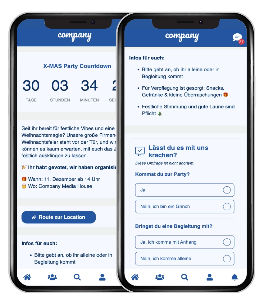 Digitale Weihnachten im Unternehmen - Event-Kommunikation mit Custom Pages - App Screens