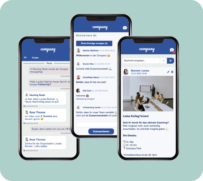 Mitarbeiter-App New Feature - Formatierungen in Chatnachrichten, Kommentaren und Pinnwandpostings - Smartphone App-Screens