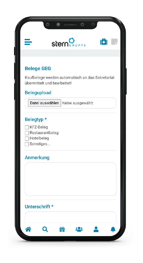 Mitarbeiter-App stern2go - App-Screen - Formular - digitaler Belegeupload