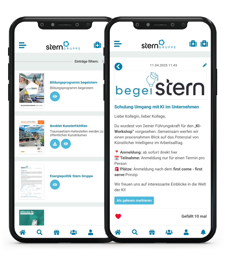 Mitarbeiter-App Stern Gruppe - Smartphone Screens - eLearning Angebot - Weiterbildungen
