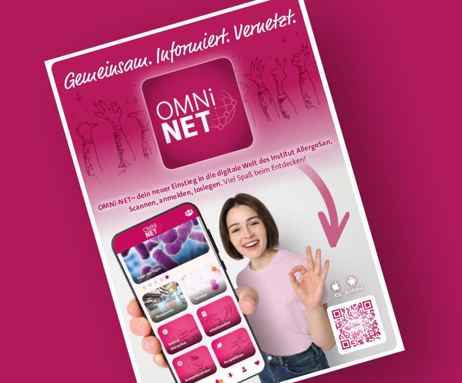 Allergosan Mitarbeiter-App Omni Net Rollout Plakat - Smartphone-Screen - Mitarbeiterin
