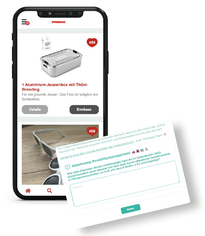 Thoeni Industriebetriebe Mitarbeiter-App - Goodie-Store -Mitarbeiterbefragung - Smartphone-Screens