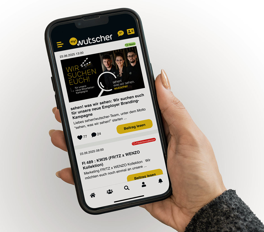 Mitarbeiter App Newsfeed und Pinnwand Mockup bei sehen!wutscher