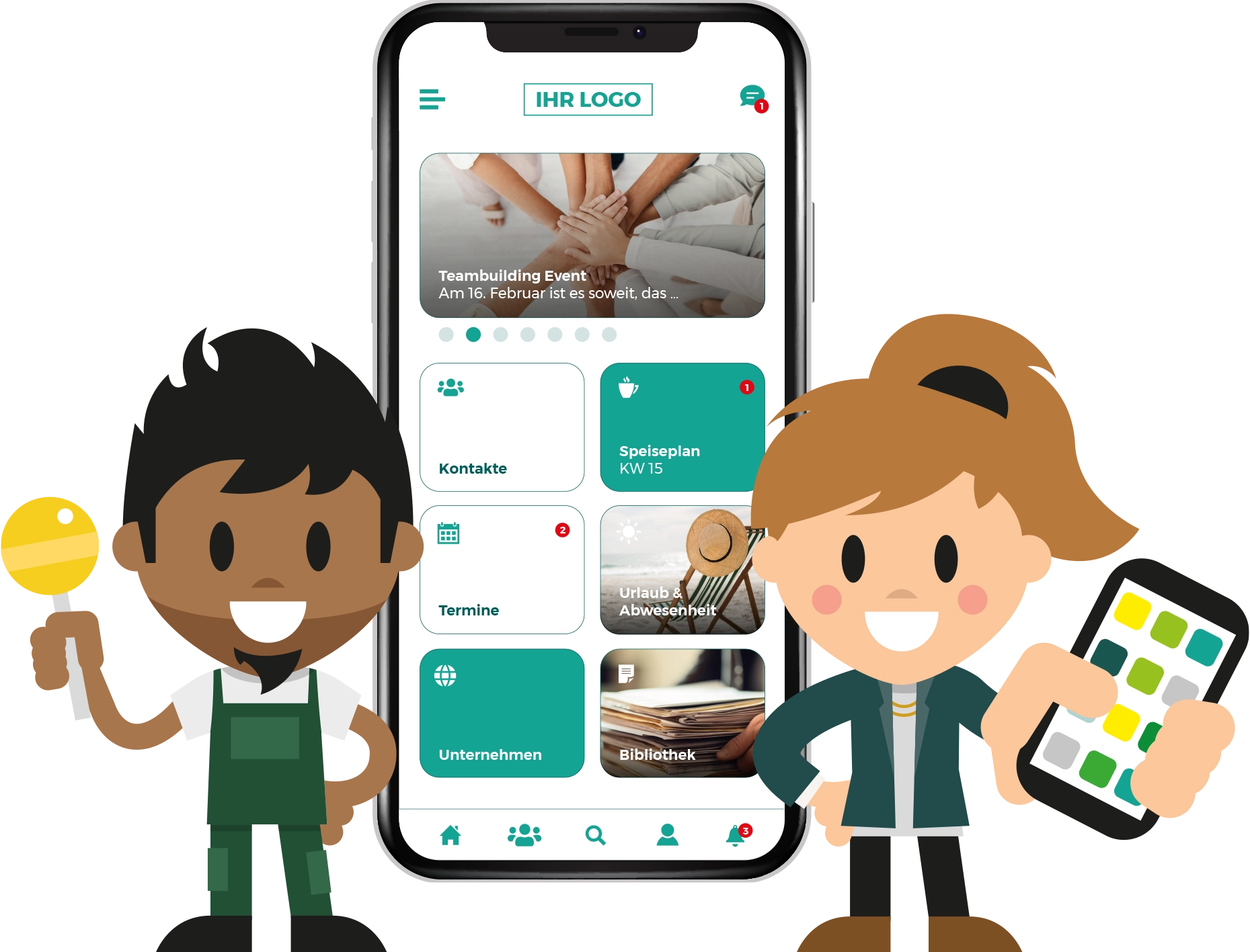LOLYO Mitarbeiter-App Screen - Blue and White Collar Mitarbeiter:innen mit Smartphone und Lolli
