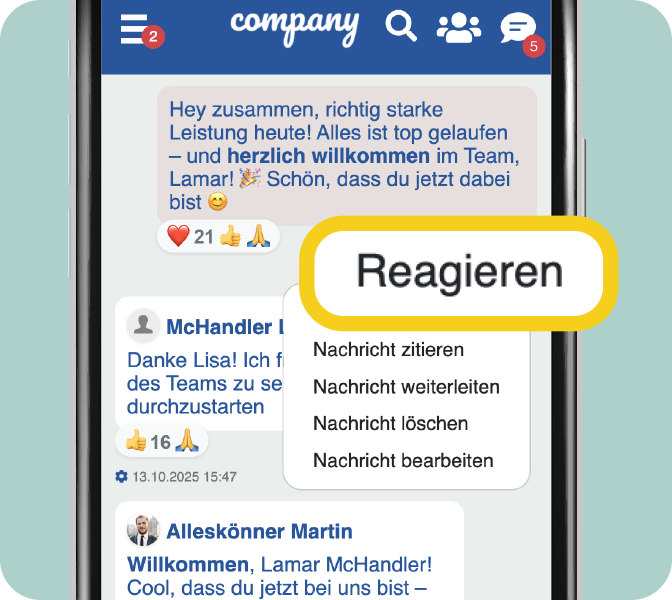 Chatnachrichten schnell beantworten? Reagieren Sie mit Emojis anstatt Textantworten! Mitarbeiter-App New Feature - Smartphone Screen Chat - Button Social Ractions