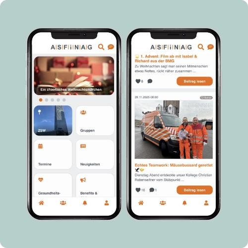 Corporate Benefits, wichtige Termine, Community-Kanäle uvm. sind über die Mitarbeiter-App immer griffbereit Polli Mitarbeiter-App Screen Dashboard mit Grid Menue + News-Slider und Newsfeed