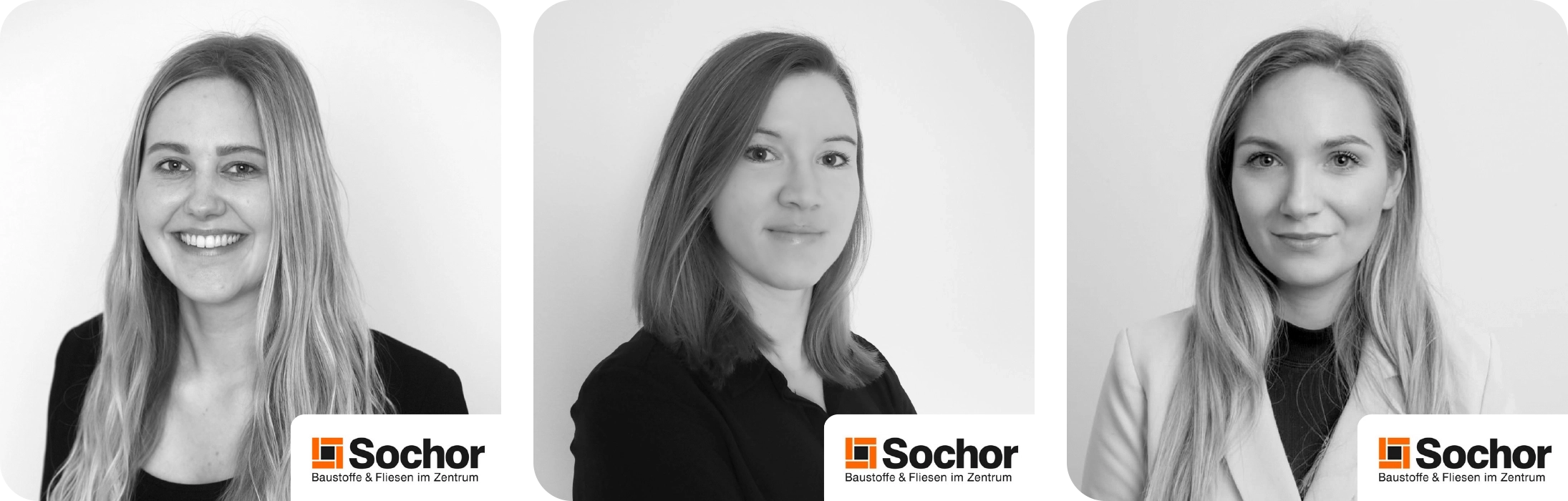 Mitarbeiter-App Kaffeeplausch Wien - Speakerinnen Bianca Höffernig, Projektentwicklung und -koordination, Viktoria Trejbal, HR und Marketing und Caroline Nitsch, Assistentin der Geschäftsführung - Sochor Unternehmensgruppe - Portraits + Logo