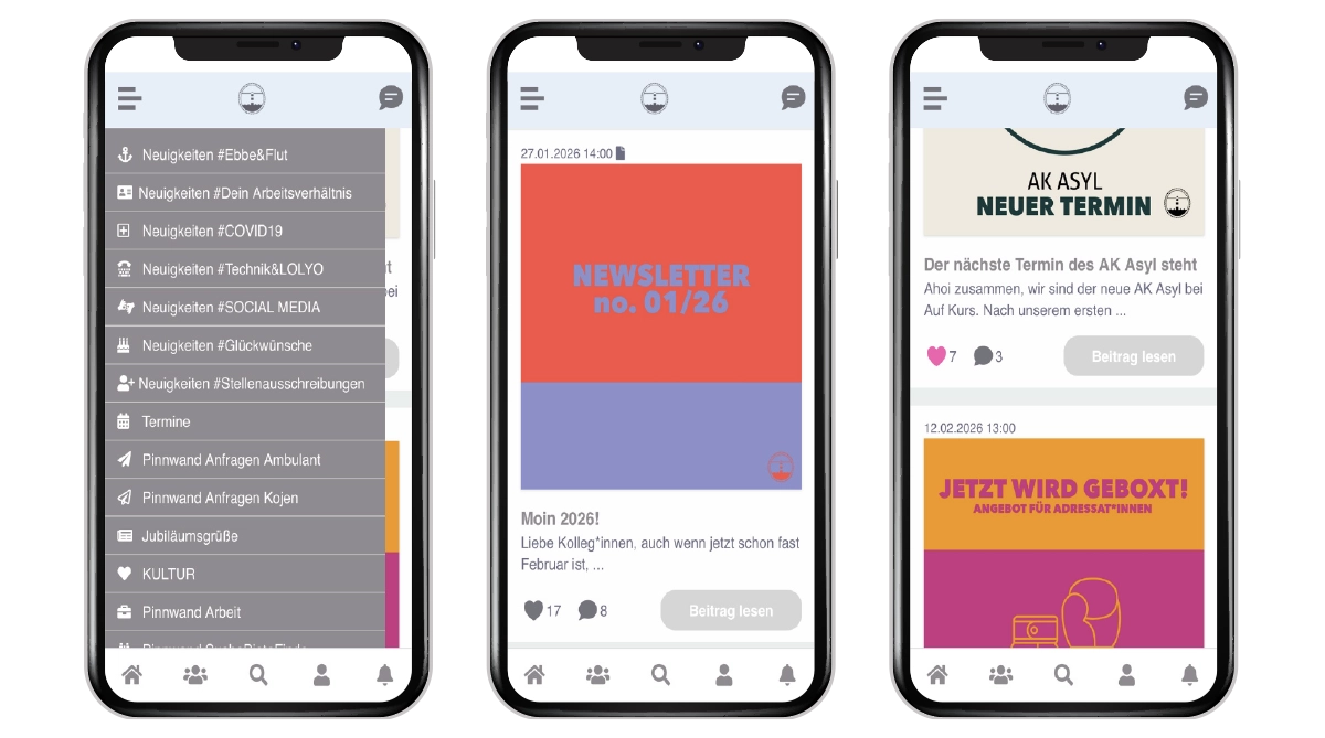 Mitarbeiter-App im Sozialwesen mit Screens der Auf-Kurs-Jugendhilfe - Beispiel für gelungene interne Kommunikation