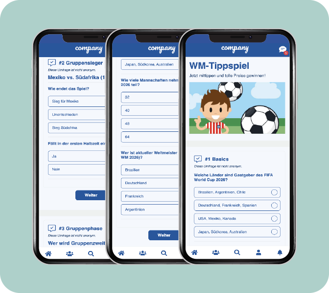 Mitarbeiter-App WM Tippsiel - App-Screens Fußball-Quizz