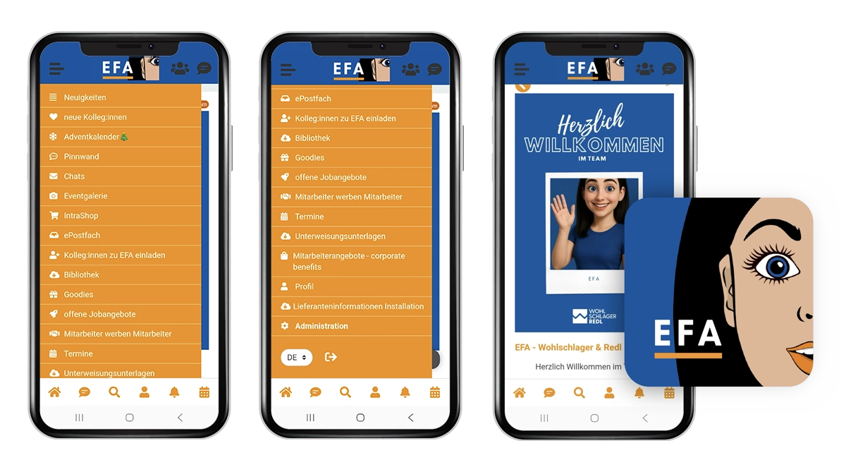 Mitarbeiter-App Best Practice – Wohlschlager Redl – Dashboard – App-Icon - Avatar -Smartphone Screens