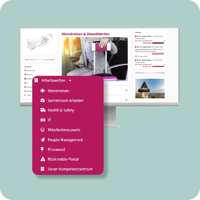 Social Intranet Best Practice - Institut Allergosan - interne Services - Dienstreise, Auto-Buchung uvm. - PC Screen - App-Menü-Ausschnitt