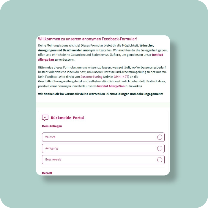 Social Intranet Best Practice Institut Allergosan - Mitarbeiter:innen-Feedback - Meldekanal - App-Ausschnitt