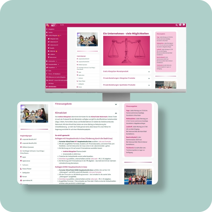 Social Intranet Best Practice - Mitarbeiterangebote bei Insitut Allergosan - PC Screen + Ausschnitt