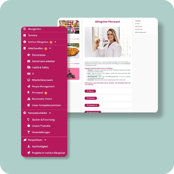 Social Intranet Best Practice - Institut Allergosan - Community Kanaele - App-Ausschnitte