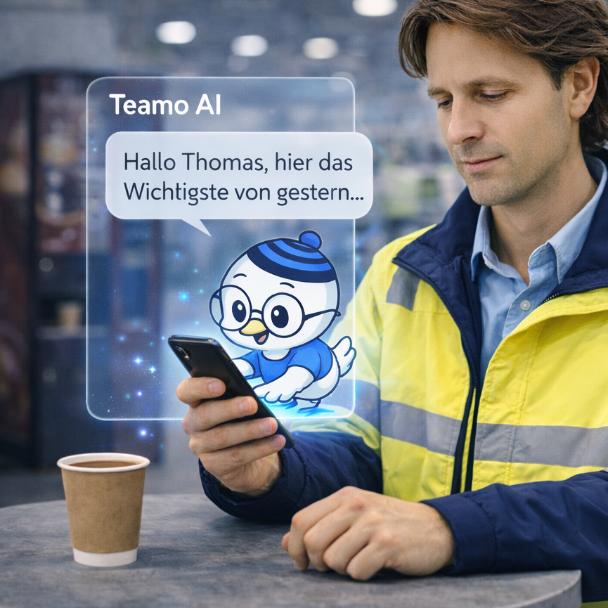 Teamazing Teamo AI Maskottchen - Mitarbeiter-Smartphone - Chat Nachricht