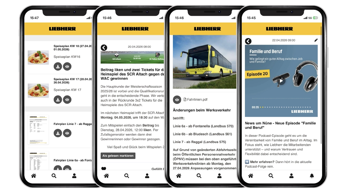Mitarbeiter-App Screens vom Industrieunternehmen Liebherr Nenzing
