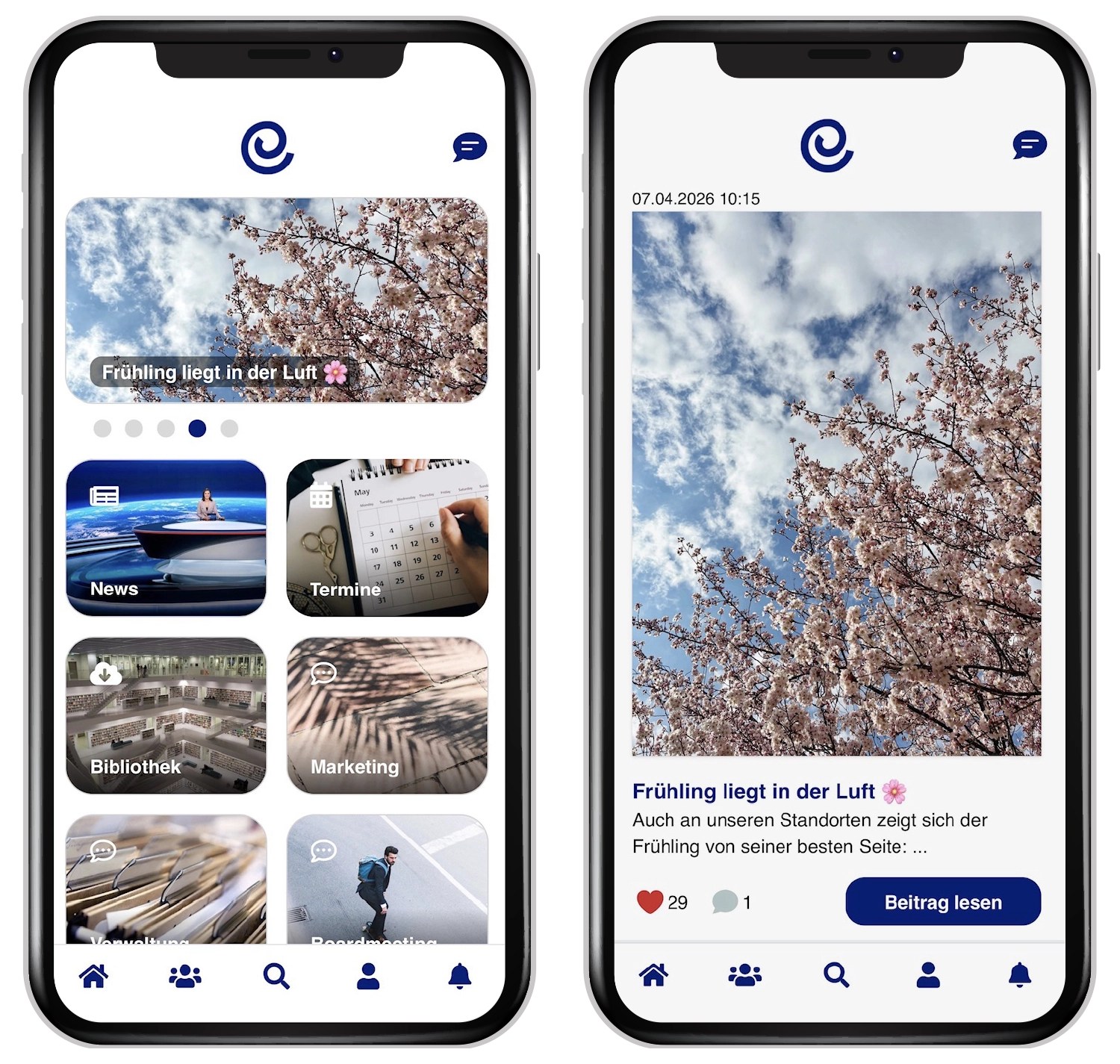 Mitarbeiter-App Screens der Eurothermen Unternehmensapp für interne Kommunikation