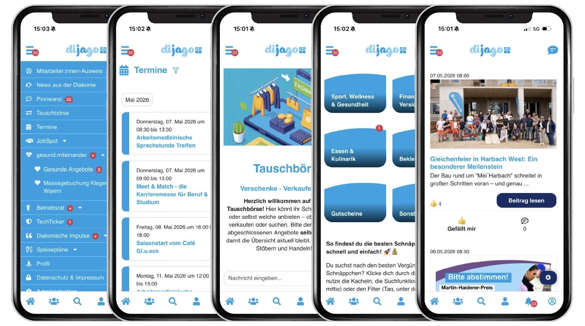 Mitarbeiter-App Screens von Diakonie de La Tour als Darstellung der internen Kommunikation im Sozialwesen