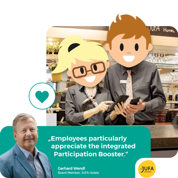 "Employees particularly appreciate the integrated Participation Booster" - employee app customer quote of Gerhard Wendl, Board Member, JUFA Hotels