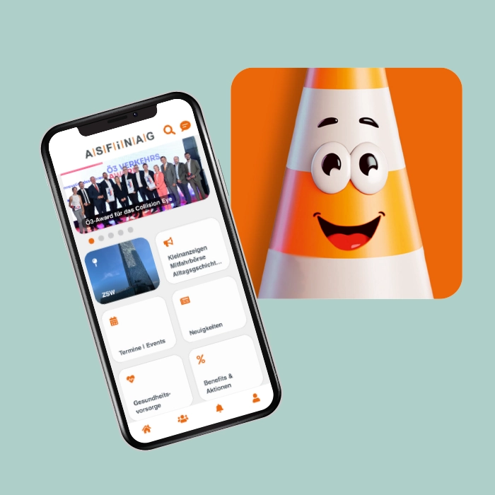 ASFINAG Mitarbeiter-App Smartphone-Dashboard + Polli App-Maskottchen