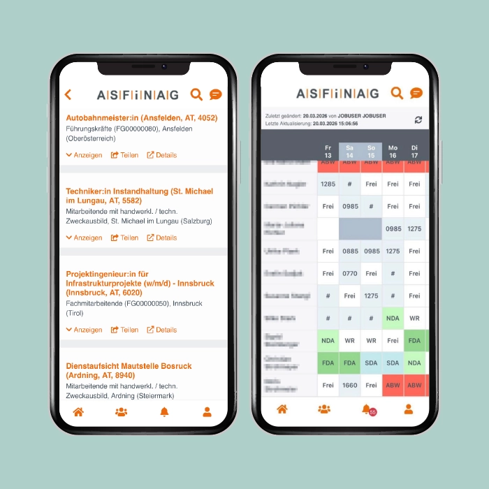 ASFINAG Mitarbeiter-App Smartphone-Screens - Digitaler Dienstplan - Mitarbeiterempfehlungen