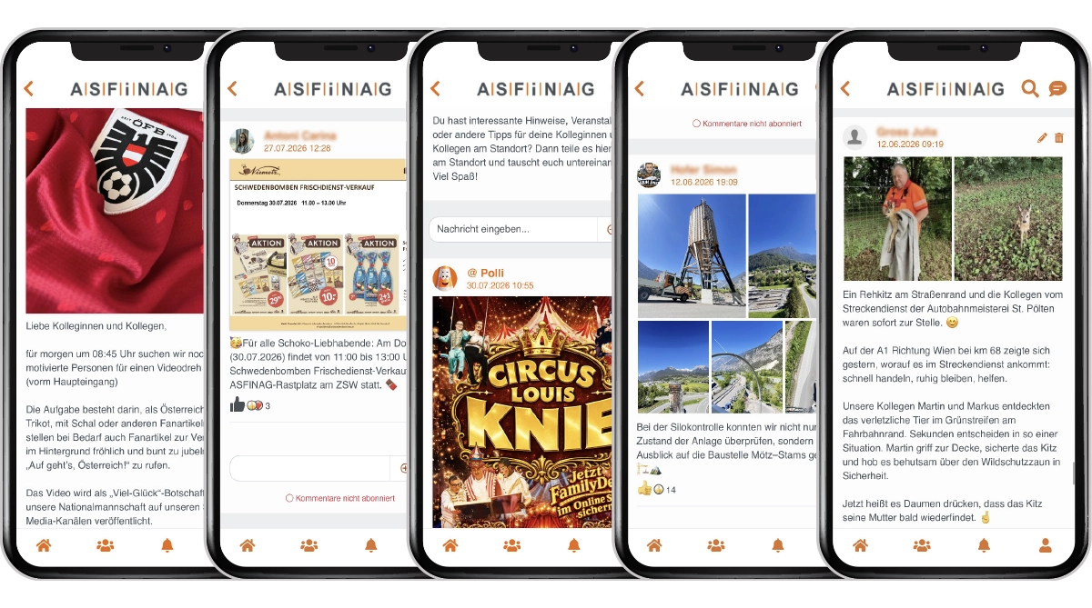 Mitarbeiter-App Smartphone Screens - Mitarbeiter-Postings auf Community- und Standort-Seiten